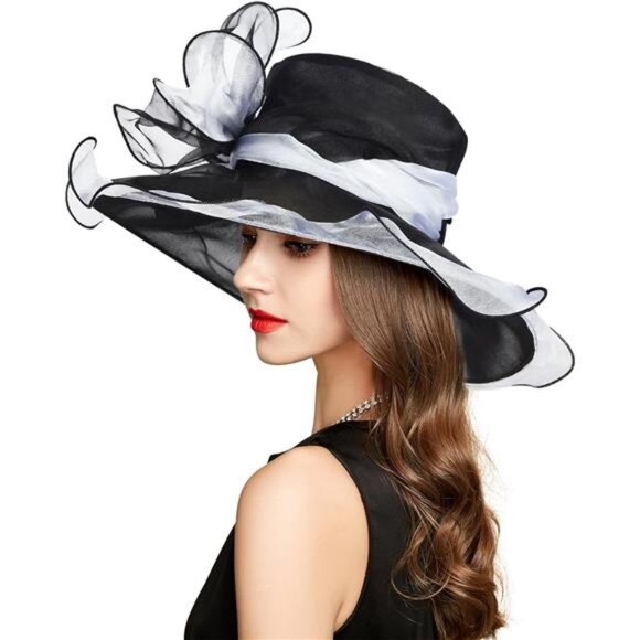 Derby Hats for Women, Classy Organza Sun Hat, Black x White - Picture 1 of 6